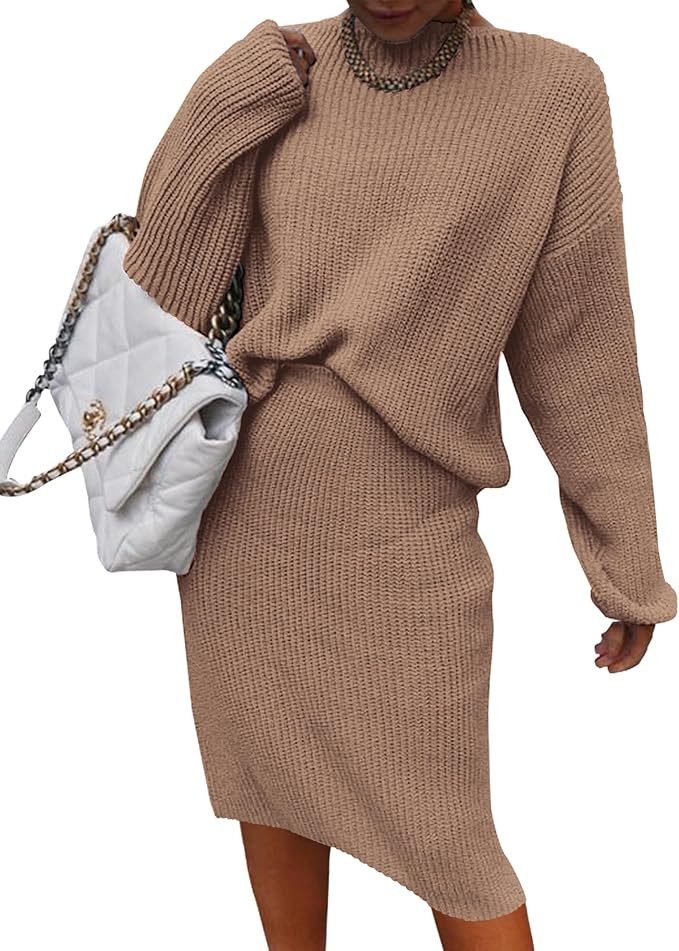 BTFBM Women's 2 Piece Skirts Outfits Long Sleeve Knit Pullover Split Bodycon Midi Skirt Fall Wint... | Amazon (US)