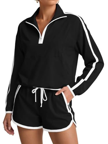 Fisoew Womens 2 Piece Outfits Sets Half Zip V Neck Long Sleeve Pullover Tops Shorts Casual Tennis Running Tracksuits | Amazon (US)