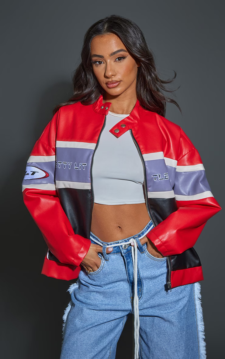 Petite Red PU Racer Jacket | PrettyLittleThing UK