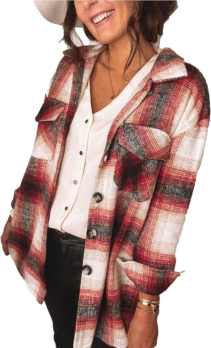 Shiyifa Women's Lapel Midi Plaid Shirt Loose Long Sleeve Button Down Jackets Coat | Amazon (US)