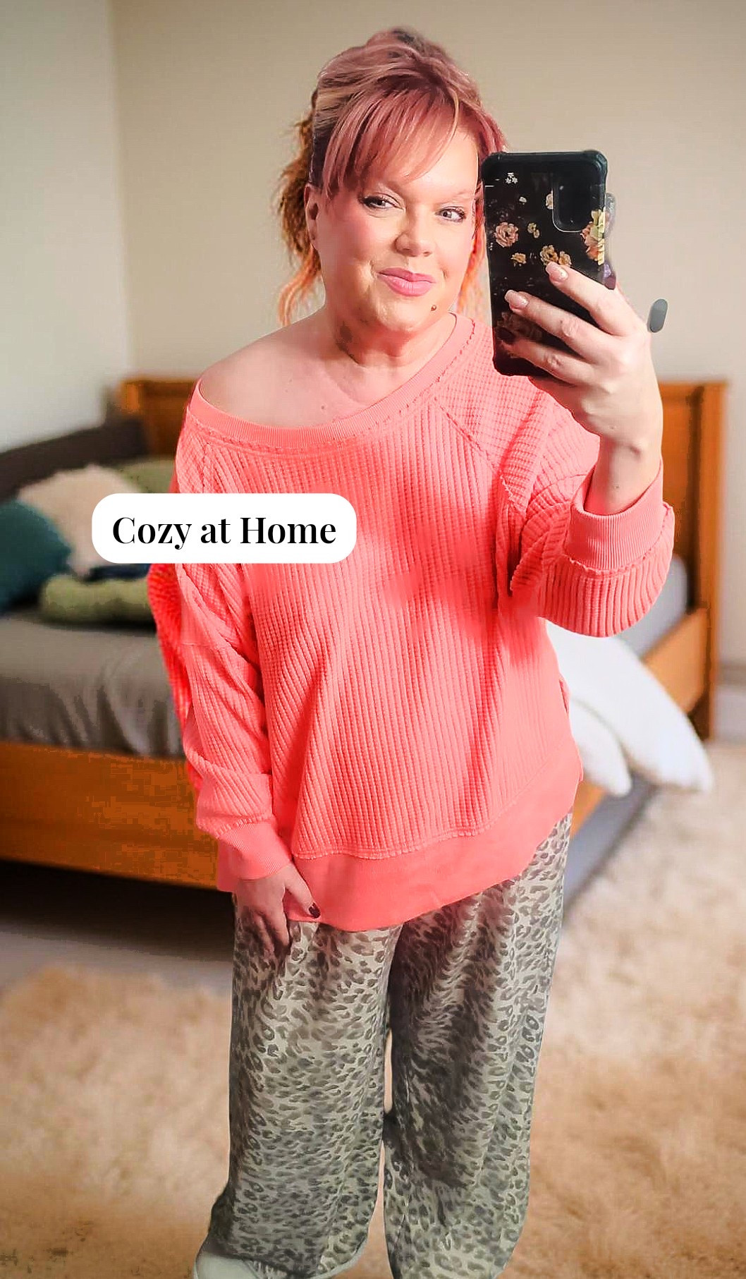 Feeling like a total vibe in this off-the-shoulder top paired with my comfy leopard print wide-leg lounge pants! 
💖The bright pop of color brings all the energy and good vibes to my day! 
🙋‍♀️Who else is all about cozy *and* stylish, even when you’re hanging out at home or running to the mailbox?✨

I’m 5’9” tall, usually wear a 2X on top, XL-18 bottoms. This top is oversized, and I’m wearing an XL. For a more fitted, no off-the-shoulder action, go down one size. The pants are very oversized, these are XL, and would work even going down one size.

#ltktall #ltkpetite #ltkfindsunder100 #ltksalealert #ltkover40 #ltku #ltkmidsize aerie American Eagle mom uniform outfit waffle weave sweatshirt Maurices Lane Bryant Amazon extended sizes Old Navy Gap

#LTKPlusSize #LTKFindsUnder50 #LTKmomlife