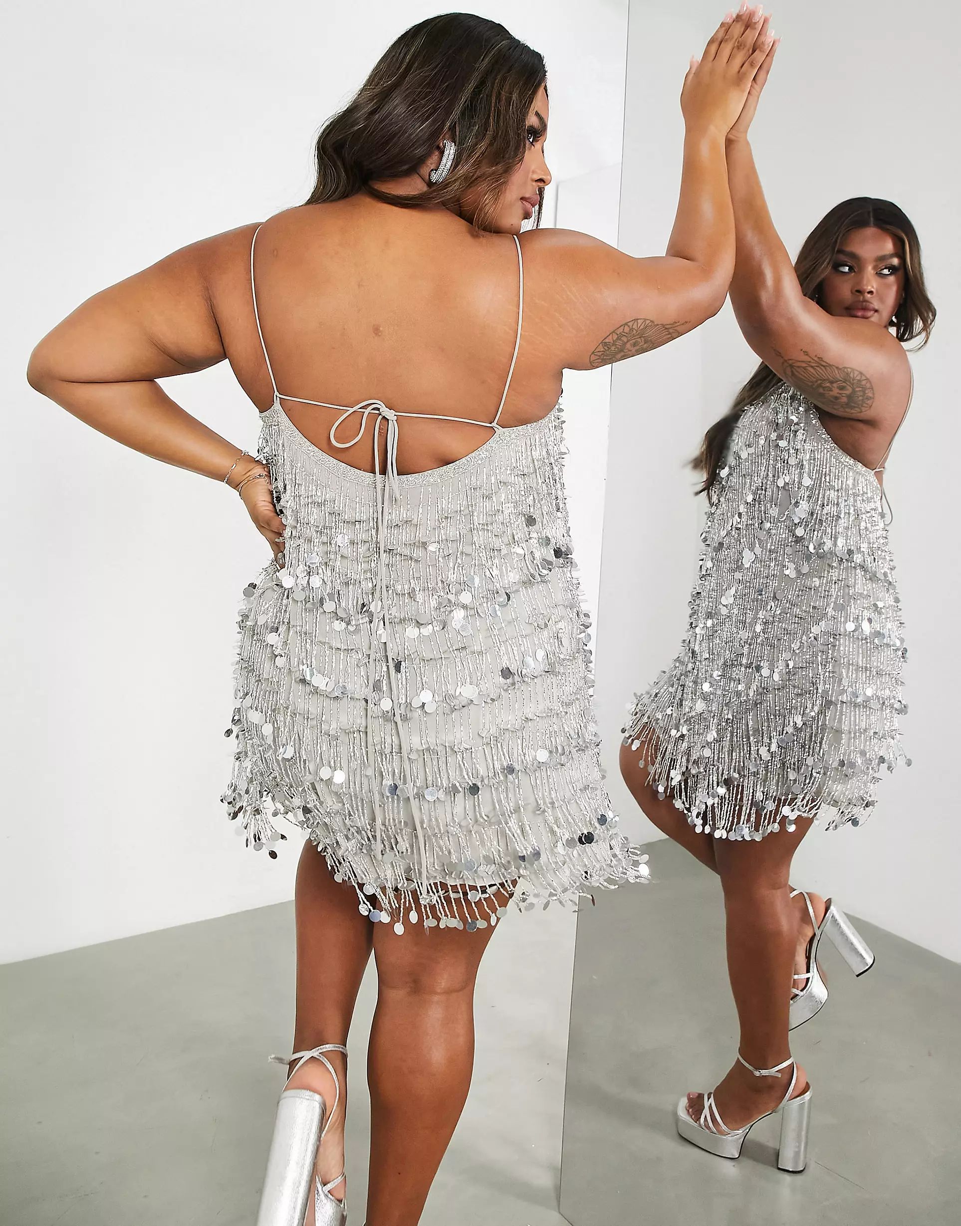ASOS EDITION Curve paillette fringe sequin cami shift mini dress in silver | ASOS (Global)