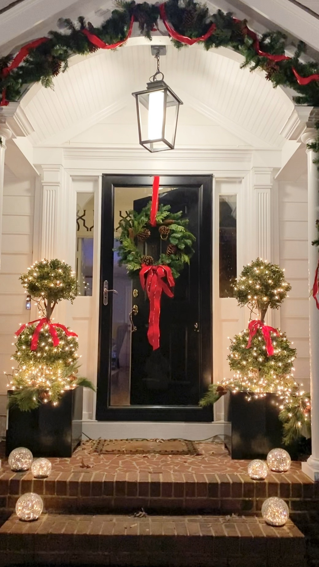 Outdoor Christmas decor, topiaries, solar lights, globes, orbs, wreath,