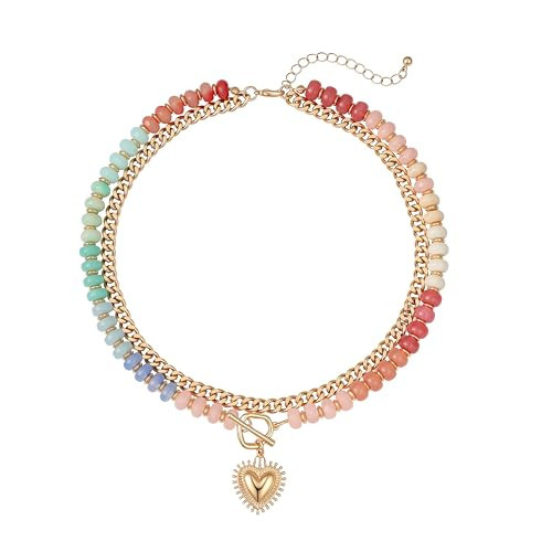 Layered Necklaces for Women, 14K Gold Plated Heart Pendant & Colorful Acrylic Beaded Choker, Cute... | Amazon (US)