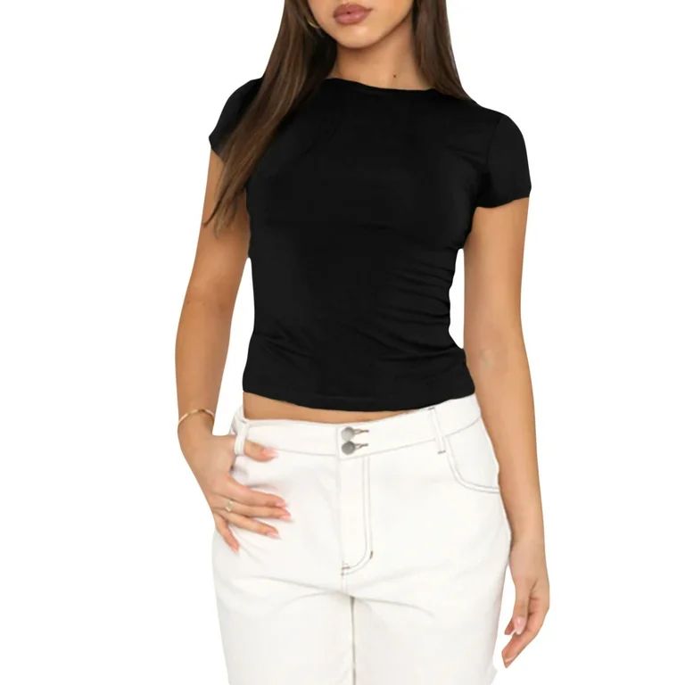 Sunwanar Women Y2k Basic Short Sleeve Top Slim Fitted Baby Tee Round Neck Skim Dupe Crop Slim Top... | Walmart (US)