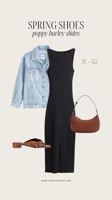 Spring outfit. Summer outfit. Long dress. Denim jacket. Slides. Poppy Barley. Brown shoulder bag. Vacation outfitt

#LTKfindsunder100 #LTKstyletip #LTKshoecrush