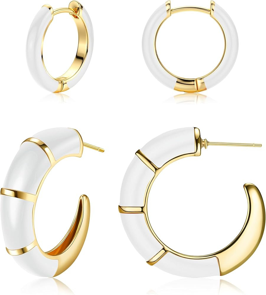 Subiceto 2 Pairs Small Hoop Earrings for Women 18K Gold Plated Hypoallergenic Cute colorful Ename... | Amazon (US)