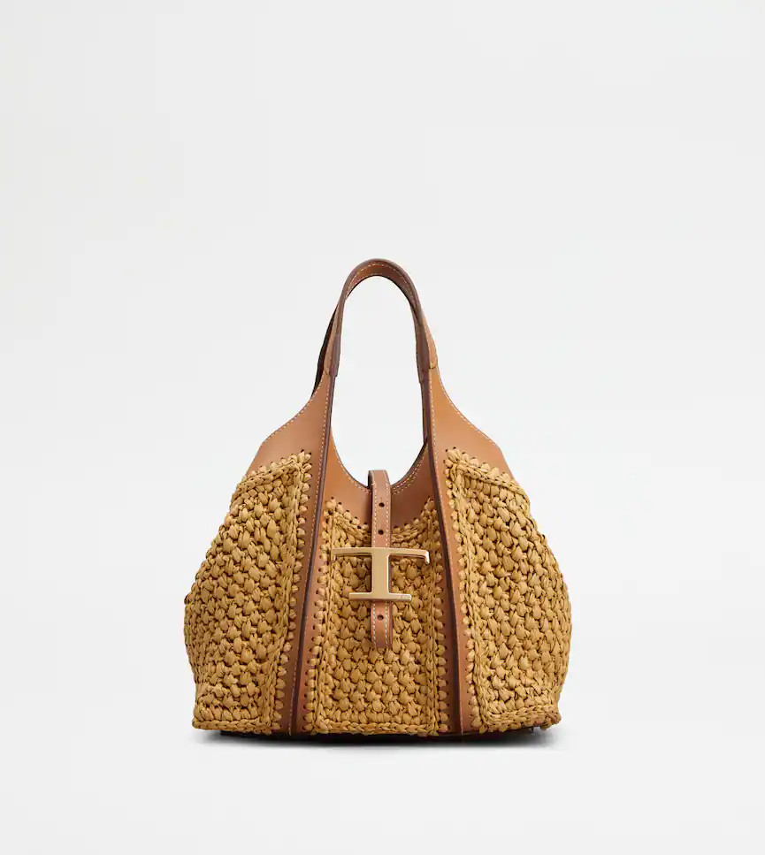 T Timeless Shopping Bag in Raffia and Leather Mini | SPARE