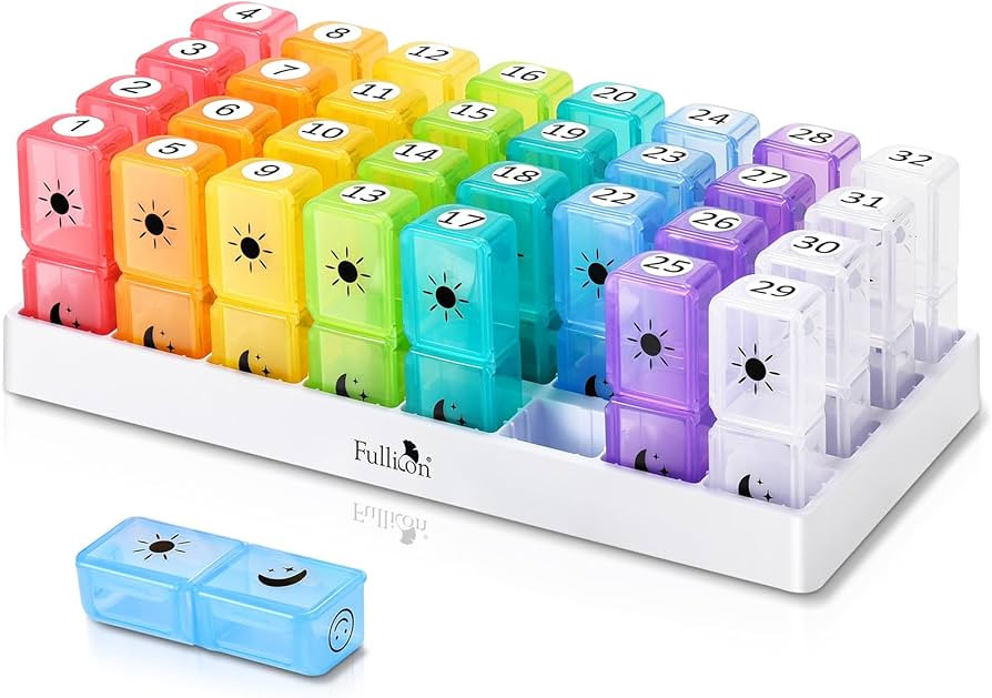 Fullicon Monthly Pill Box Organiser 2 Times a Day, 30 Day AM PM Tablet Organiser with 32 Large Re... | Amazon (UK)