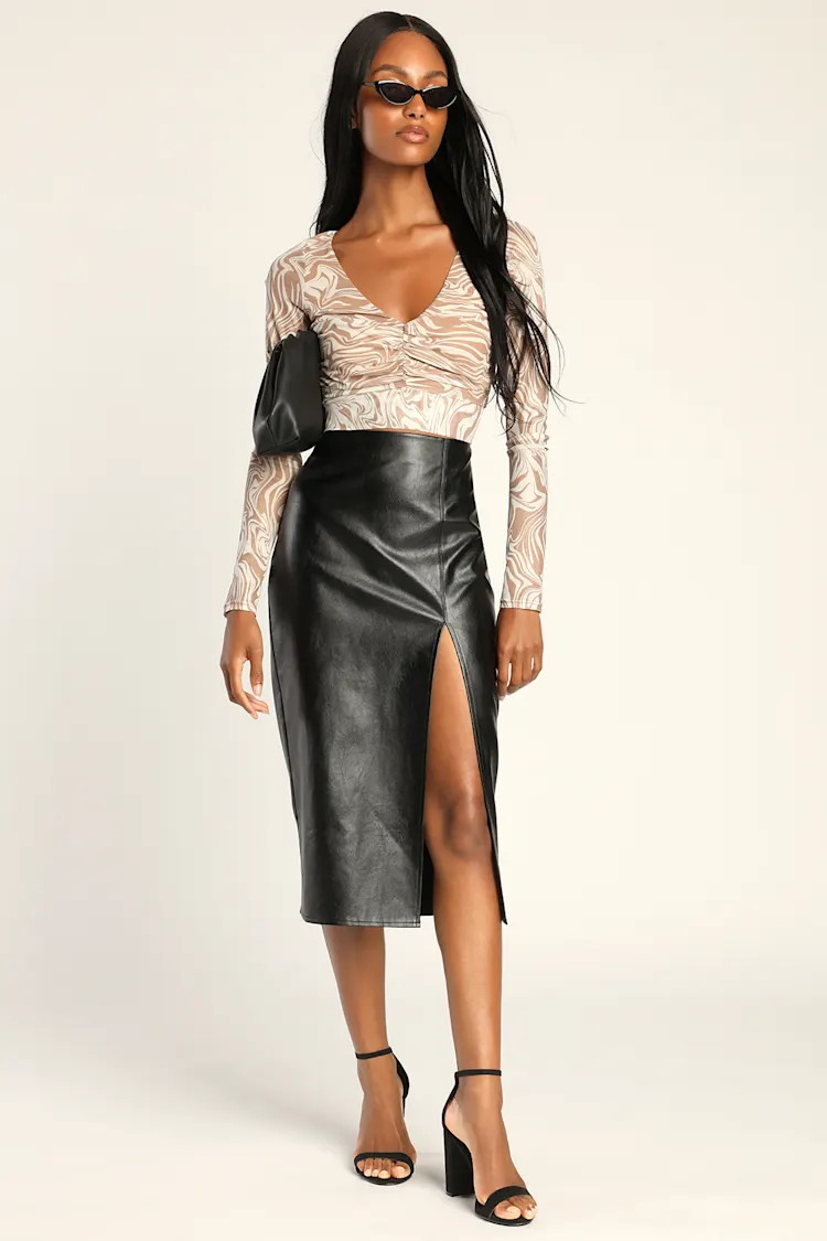 Irresistibly Fly Black Vegan Leather Midi Skirt | Lulus