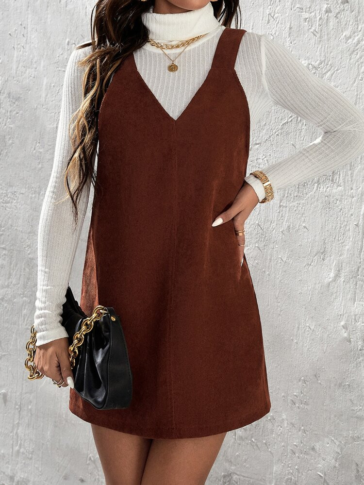 SHEIN PETITE Solid Corduroy Overall Dress Without Sweater
       
              
              $9... | SHEIN
