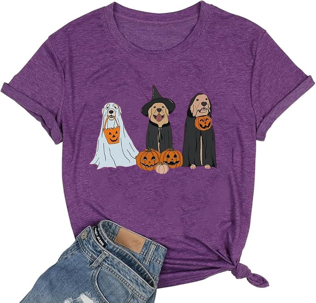 Halloween Ghost Dogs Tshirt Gift Women Dog Lover Halloween Shirt Cute Pumpkin Face Graphic Tee Sh... | Amazon (US)