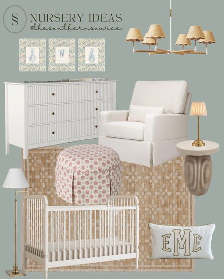 Modern organic with a little southern flair thrown in for your girls nursery or gender neutral nursery design! Mixing of some high and low pieces for the perfect mix! Serena and Lily chandelier, Amazon chair, Amazon dresser, Amazon rug, Wayfair skirted ottoman, Etsy customized art and pillow 

#LTKkids #LTKbaby #LTKhome
