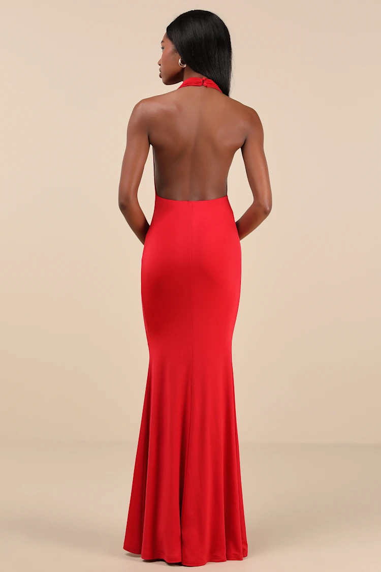 Eye-Catching Silhouette Red Cowl Neck Halter Maxi Dress | Lulus