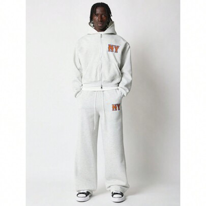 Crop Zip-Up Hoodie & Loose Fit Baggy Sweatpants With NY Embroidered & Drawcords | SHEIN