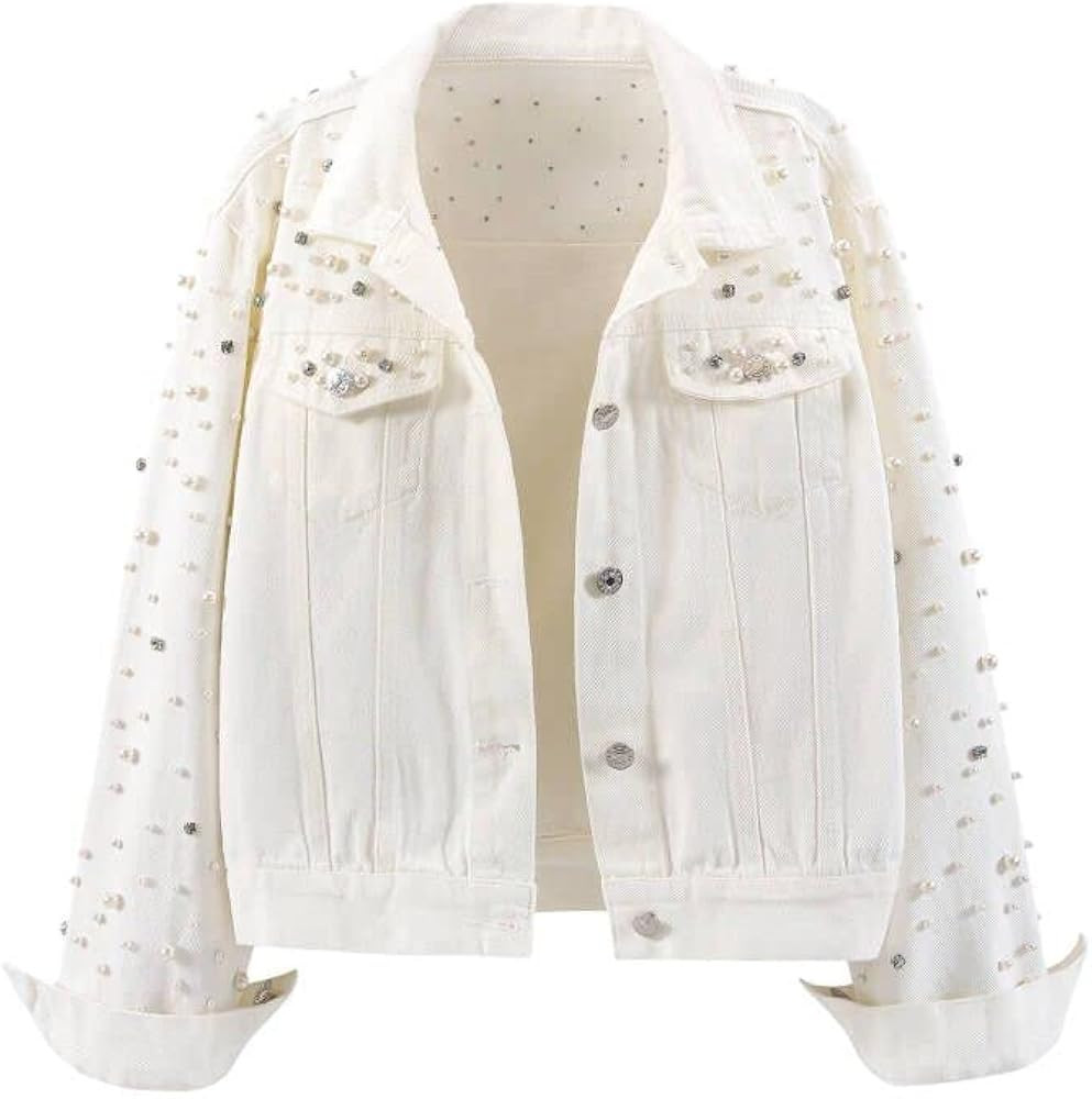 Women's Pearls Denim Jacket Cropped Rhinestones Jean Jacket Coat | Amazon (US)