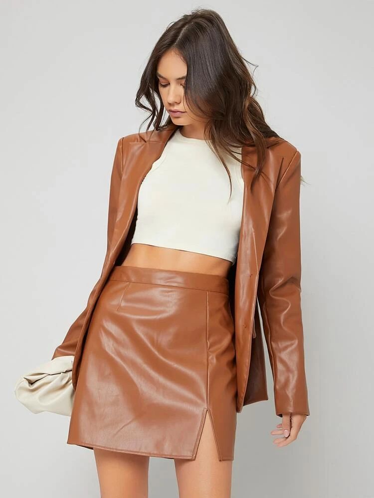SHEIN BASICS Solid Zip Back Split Hem PU Leather Straight Skirt | SHEIN