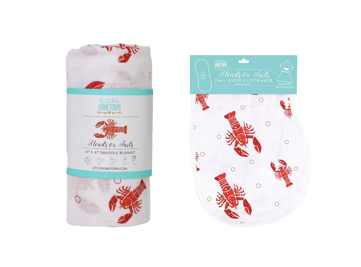 Gift Set: Heads or Tails Crawfish Lobster Baby Muslin Swaddle Blanket and Burp Cloth/Bib Combo | Little Hometown