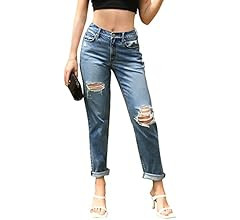 OFLUCK Women Stretch Ripped High Waisted Jeans Frayed Raw Hem Distressed Denim Pants with Hole | Amazon (US)