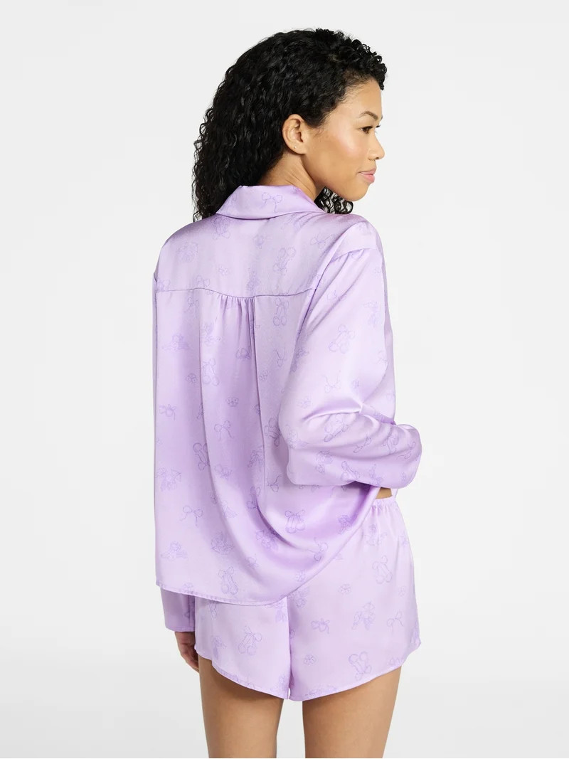 No Boundaries Sleepwear Satin Long Sleeve Button-Up Top and Shorts Set, 2-Piece, Women’s XS-XXL | Walmart (US)