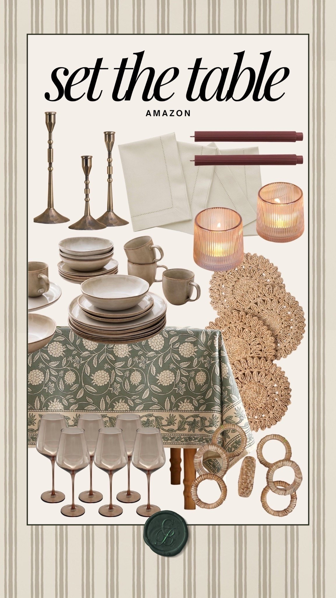 This Amazon “Set the Table” collection is all about elevated simplicity with a cozy, natural touch 🤍

It combines warm neutrals and earthy tones with elegant textures — think brass candlesticks, woven placemats and napkin rings, and ribbed glass votives for that soft candlelit glow. The stoneware dinner set adds a handcrafted charm, while the floral block-print tablecloth brings a subtle, timeless pattern to tie everything together.

Perfect for effortless hosting this season 🌿✨

#AmazonHome #TablescapeInspo #DinnerPartyStyle #NeutralDecor #HostessInspiration #CozyDining 
#LTKStyleTip

#LTKFindsUnder50 #LTKSeasonal #LTKHome