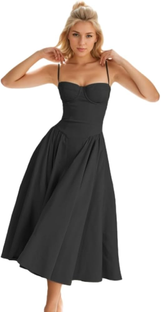 KT Womens Corset Dress Elegant Spaghetti Strap Bustier Midi Dress Flowy Pleated Hem Low Cut Prom ... | Amazon (US)