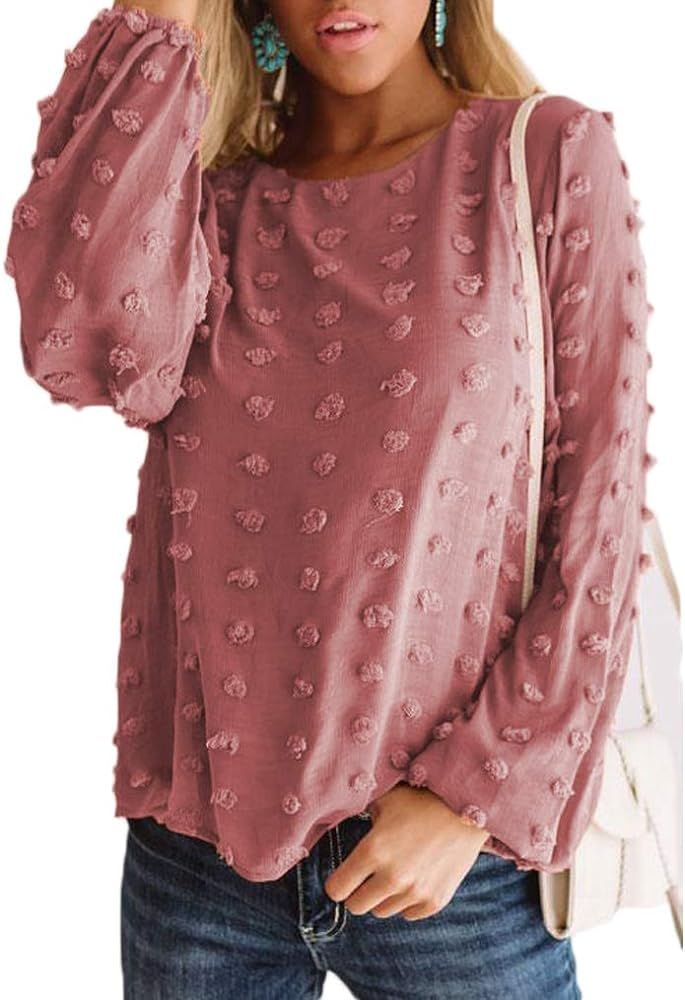 Womens Chiffon Blouse Swiss Dot Casual Round Neck Long Sleeve Pom Pom Shirts Back Keyhole Tops | Amazon (US)