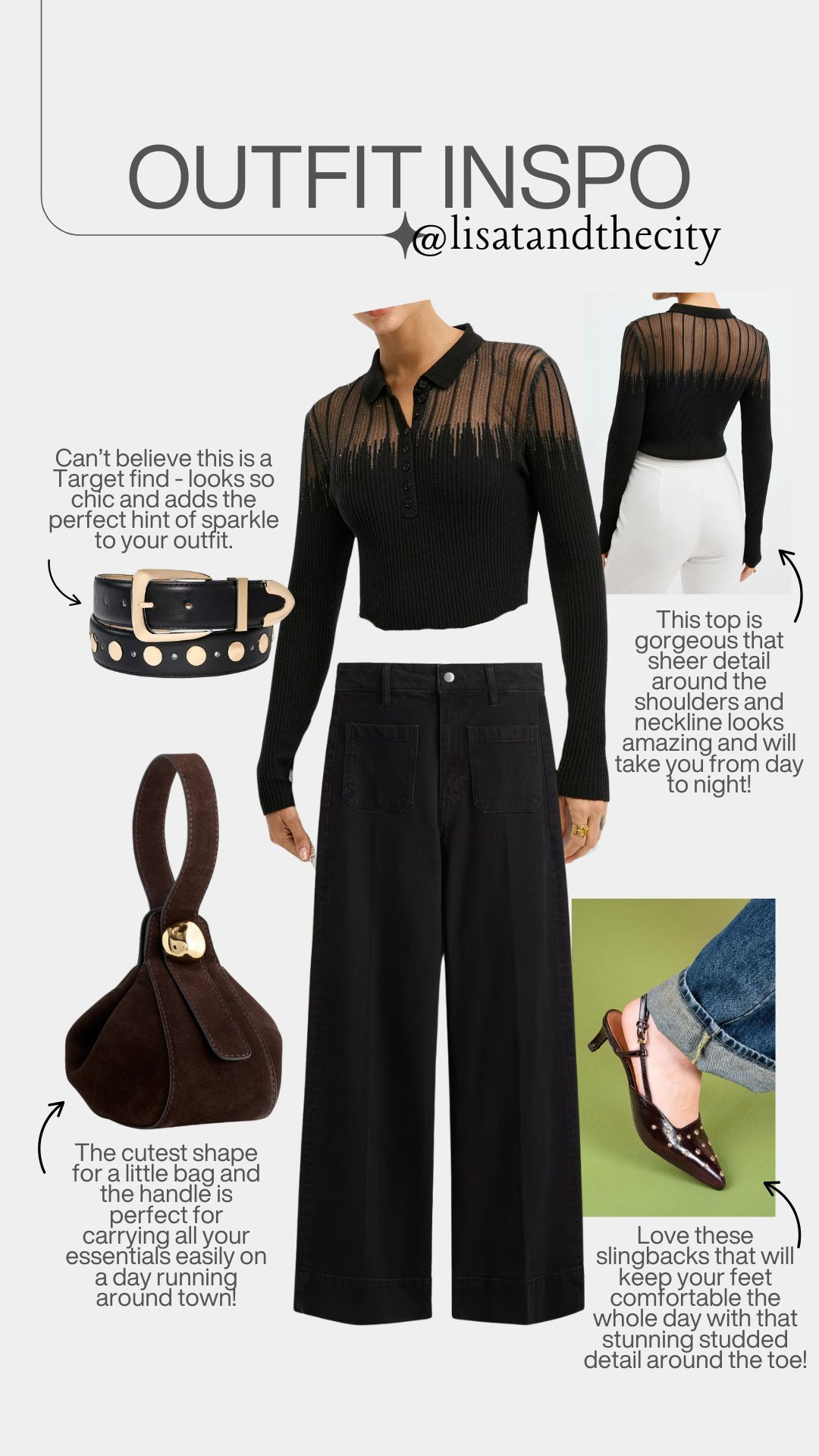 Can’t get over how elevated this look feels — that sheer detailed top gives major designer vibes but it’s totally affordable 🙌 Paired with sleek wide-leg pants, a modern mini bag, and studded slingbacks for a polished day-to-night outfit you’ll actually wear on repeat 🖤 

 #ltkfashion #ltktrending #ltkwomen #ltkitlist #targetfinds #targetstyle #falloutfitideas #ltkstyleinspo #ltkeverydaystyle #chicandaffordable #quietluxurylook #ltkootoftheday #blackoutfitinspo #fallstyle2025 

#LTKSeasonal #LTKOver40 #LTKStyleTip