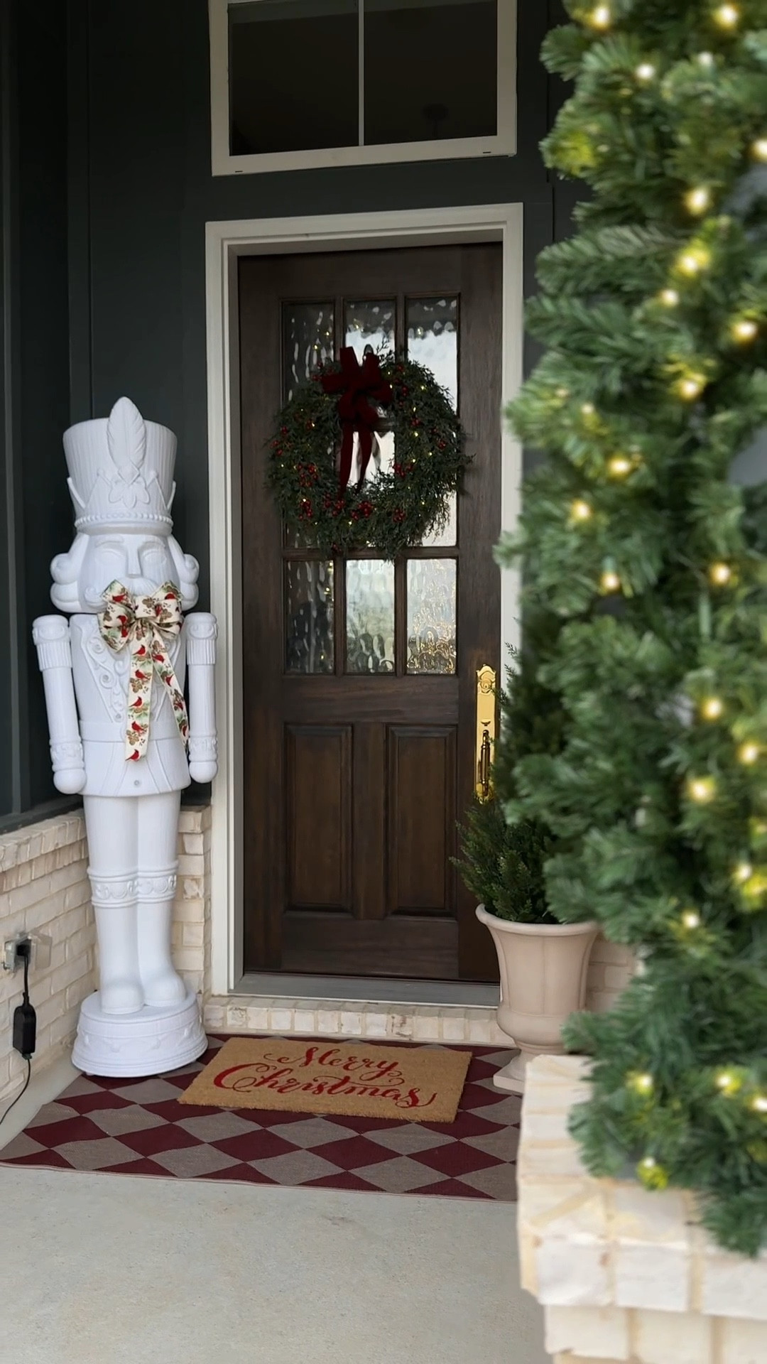 Entryway, porch, patio, outdoor decor, home, nutcracker, outdoor mat, wreath, cedar faux tree, planter  

#LTKHoliday #LTKHome