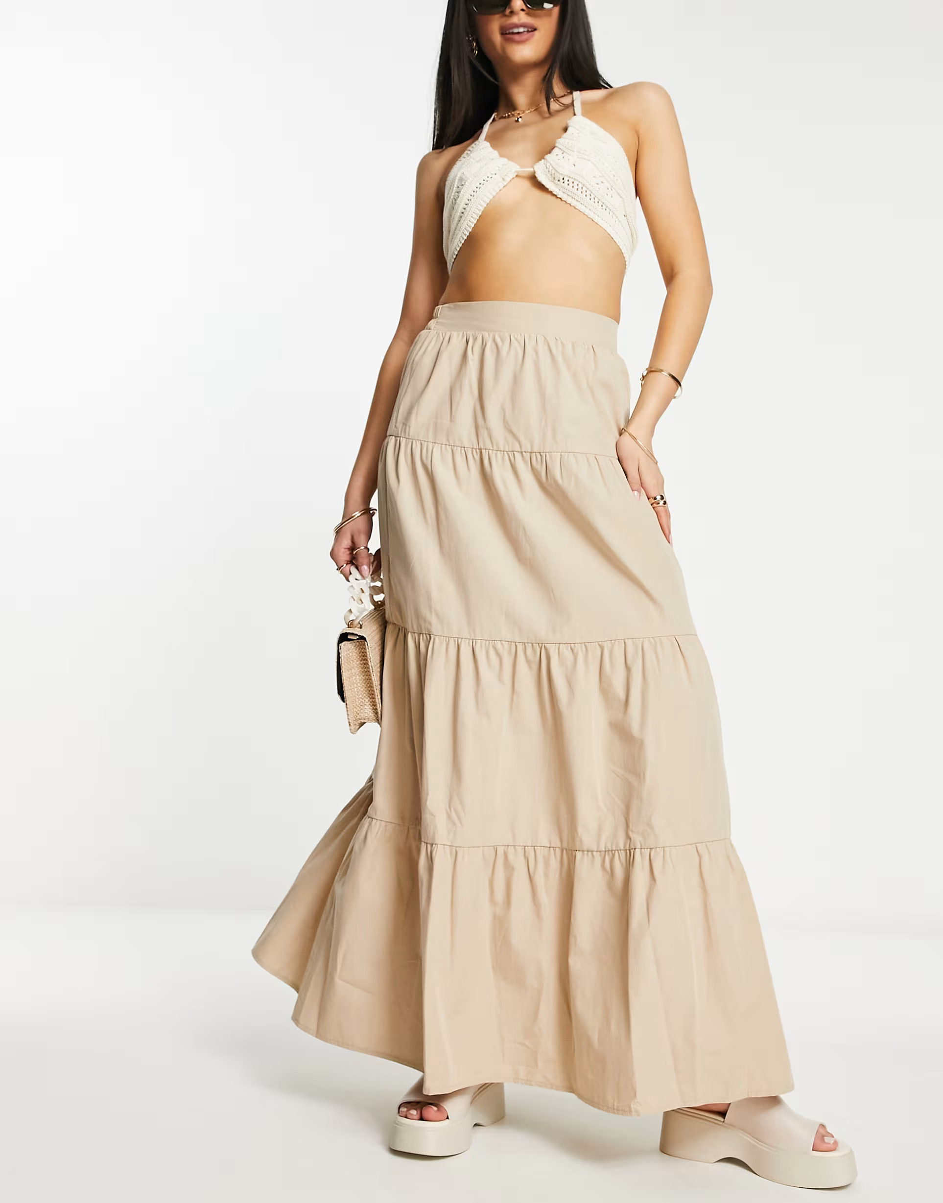 Miss Selfridge poplin tiered maxi skirt in stone | ASOS (Global)