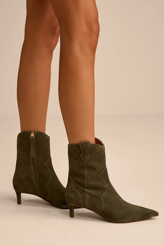 Dallas Olive Suede Leather Western Kitten Heel Booties | Lulus