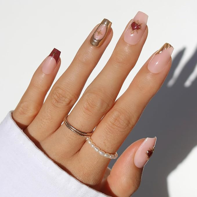 Glamnetic Press On Nails - Queen of Hearts | Medium Coffin Fake Nails with a Sheer Base, 3D Gold ... | Amazon (US)