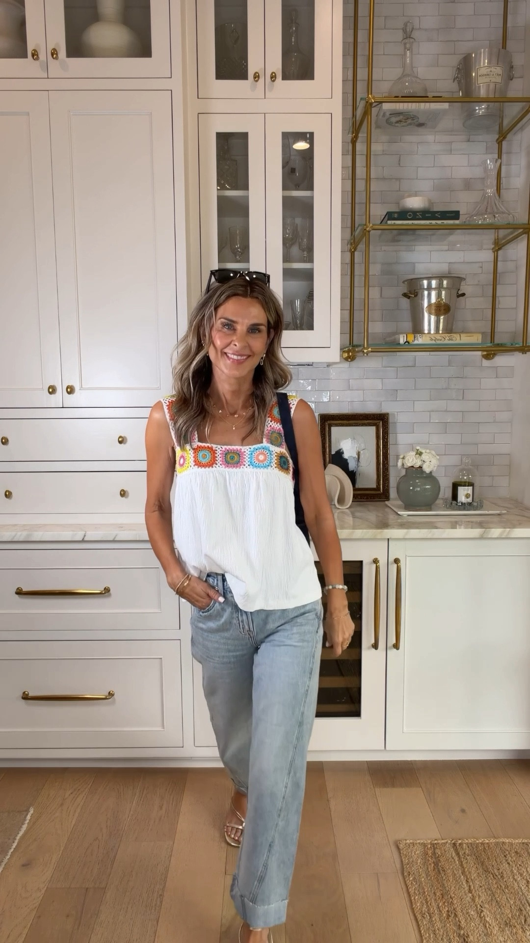 Everday outfit
I’m 5’6”
-Jeans code TAMMY15, size down 1 size
-Crochet details top is so cute and bra friendly wearing XS 
-Target sandals are good! 
-Delicate Jewelry 
-Navy bag 