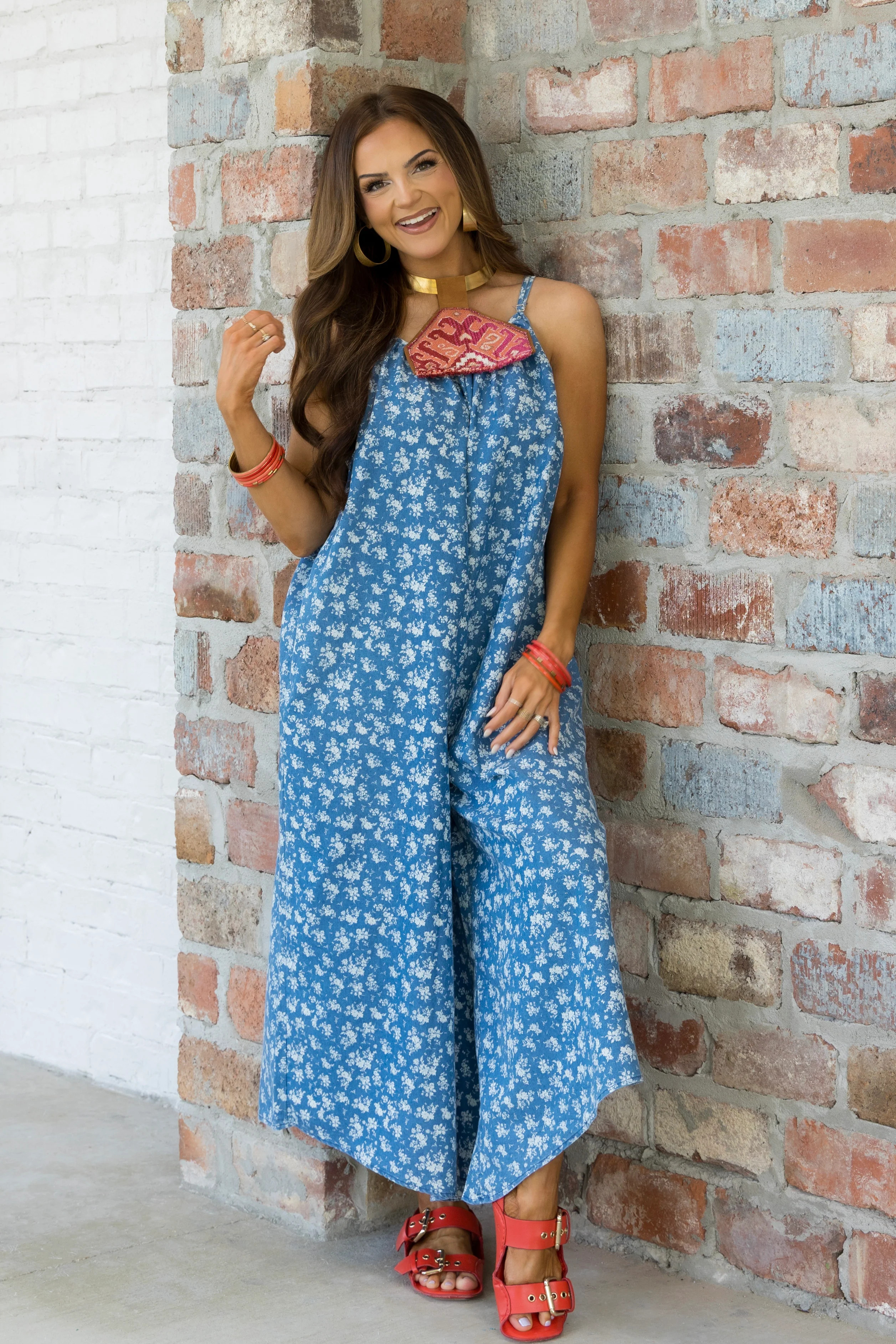 Raleigh Blue and White Floral Spaghetti Strap Wide Leg Jumpsuit *Final Sale* | The Willow Tree