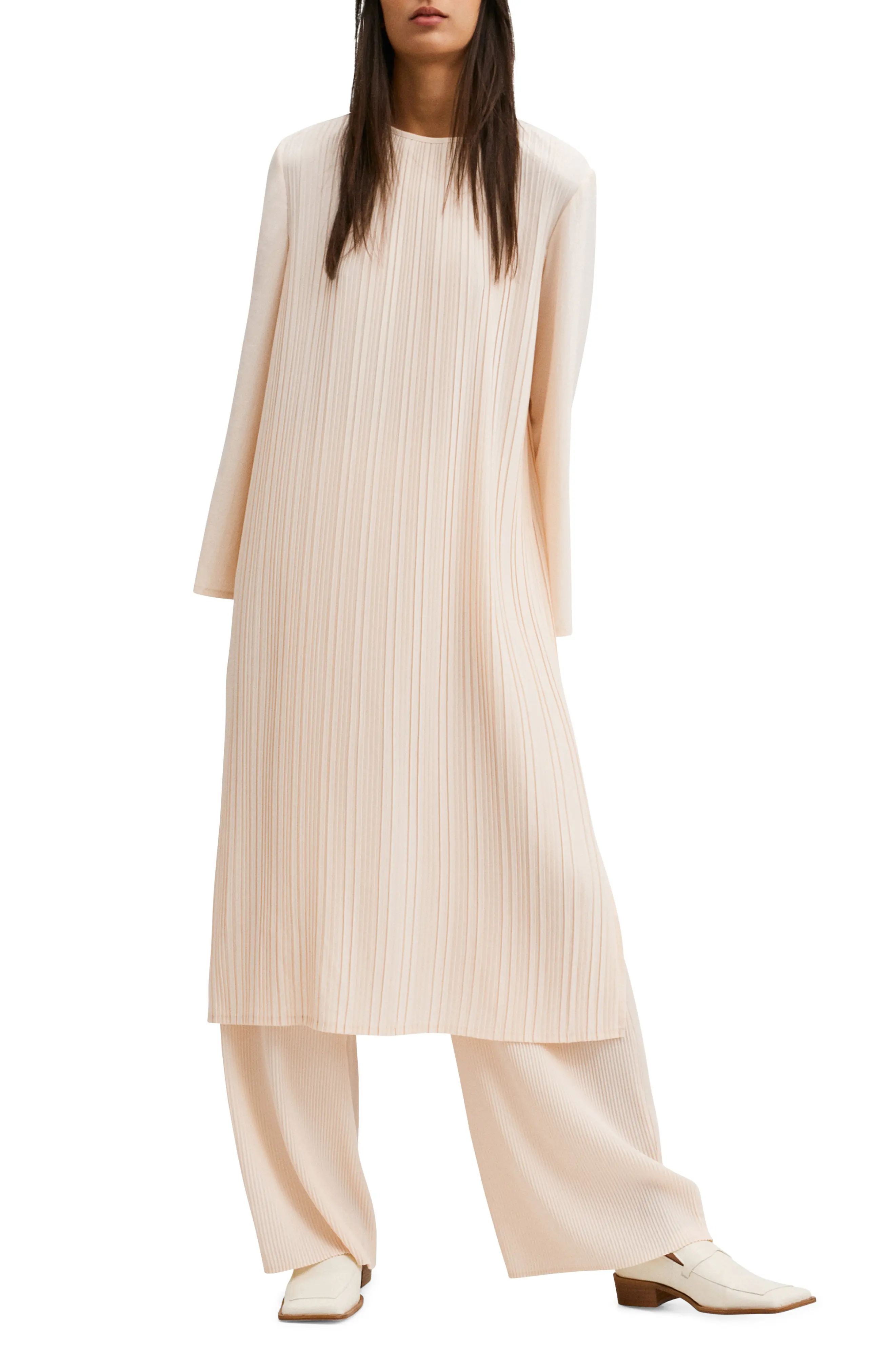 MANGO Oversize Pleated Long Sleeve Dress in Light Beige at Nordstrom, Size 10 | Nordstrom