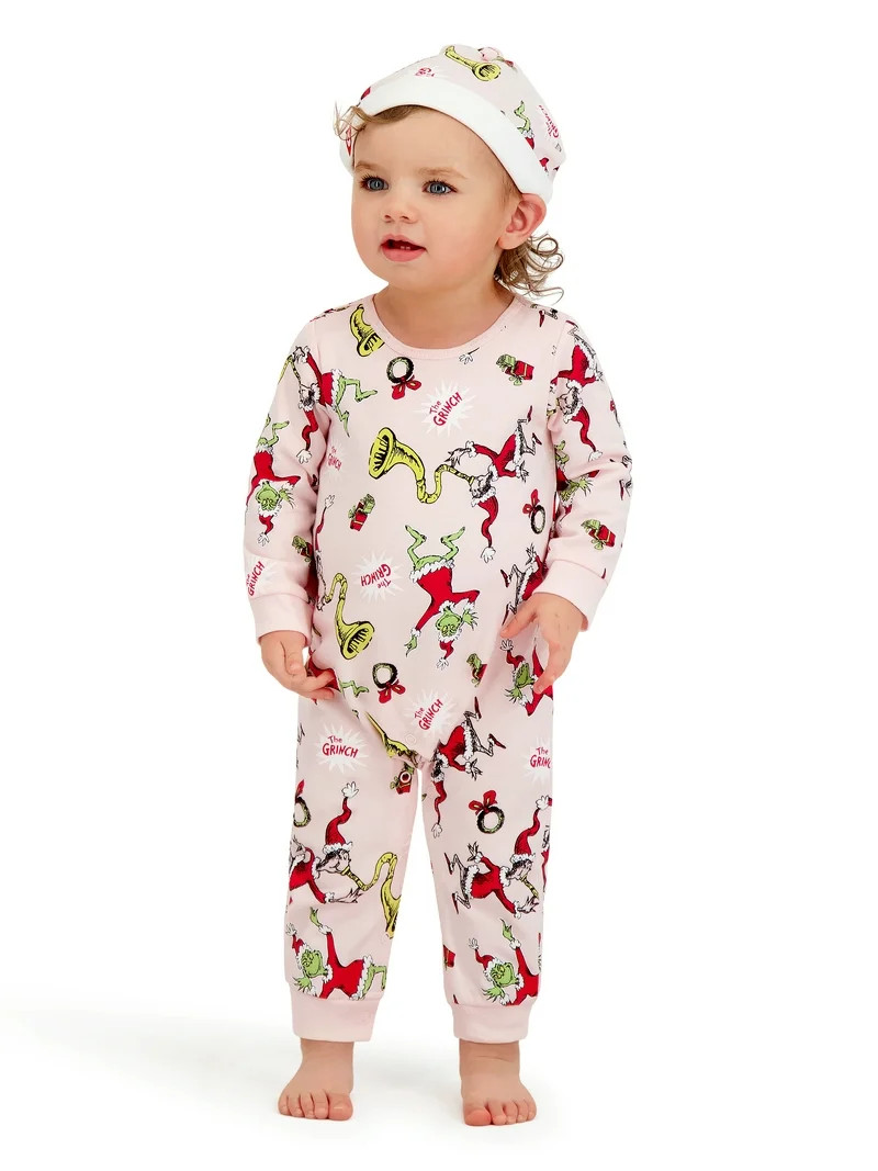 The Grinch Baby Girl Pink Long Sleeve Coverall and Hat, Sizes 0/3M-24M | Walmart (US)