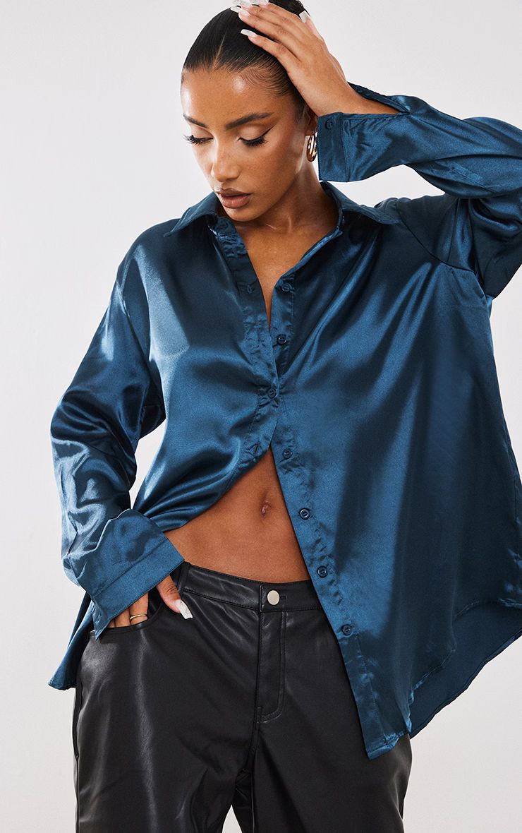 Teal Satin Button Front Shirt | PrettyLittleThing US