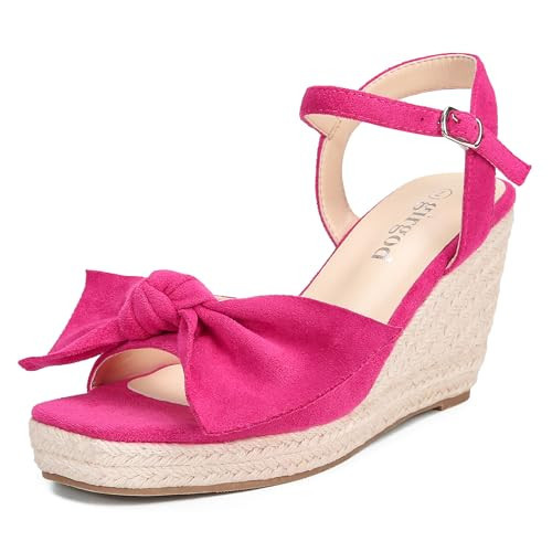 girgod Espadrilles Wedge Sandals for Women Bow Platform Wedges Heels Open Toe Ankle Strap Summer Wedding Wedges Rose Red Size 9 | Amazon (US)