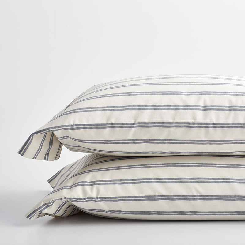 Narrow Stripe Classic Cool Cotton Percale Pillowcase Set - Navy, Standard | The Company Store