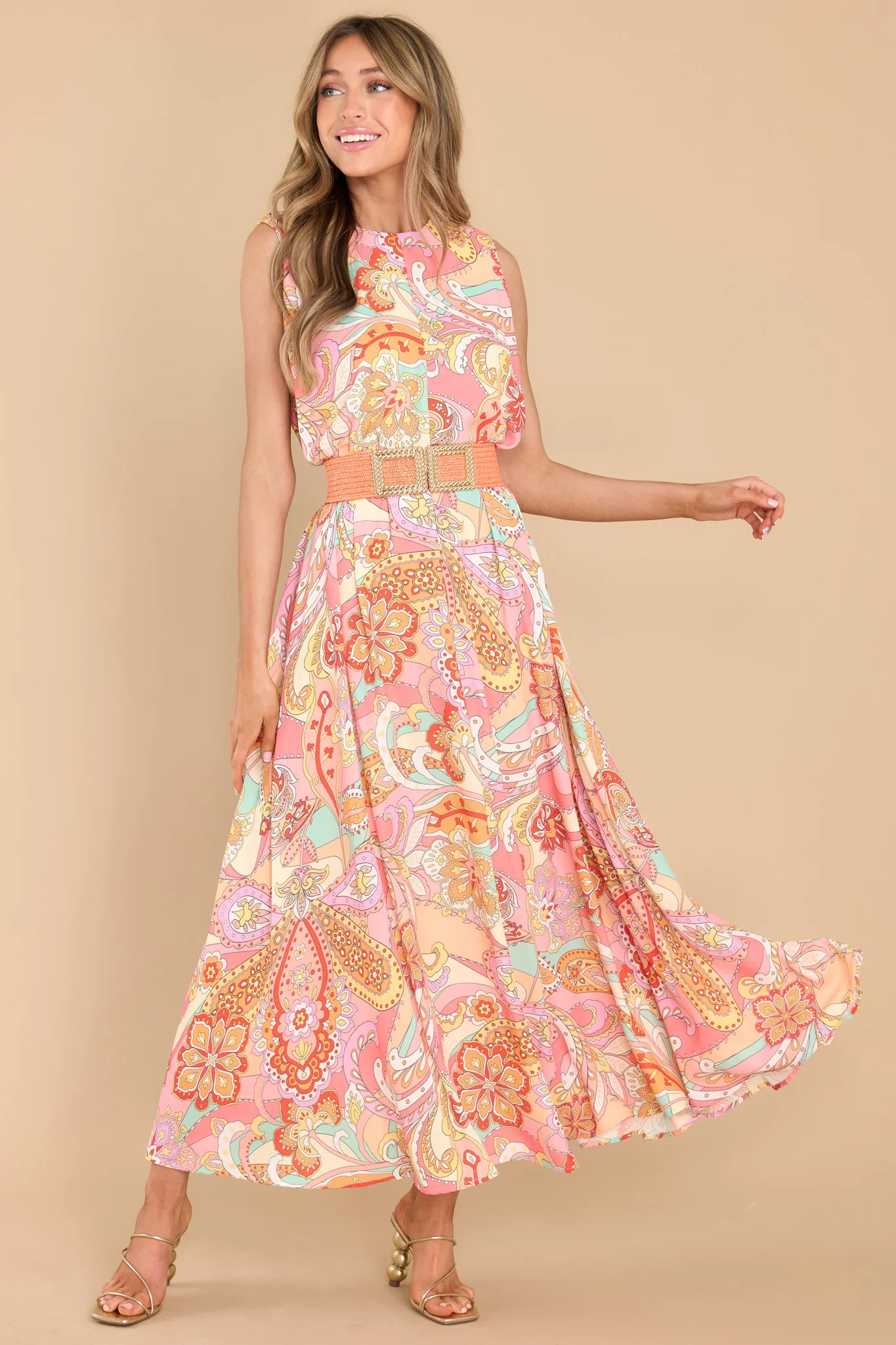 Like Fine Art Peach Pink Multi Print Maxi Dress | Red Dress 
