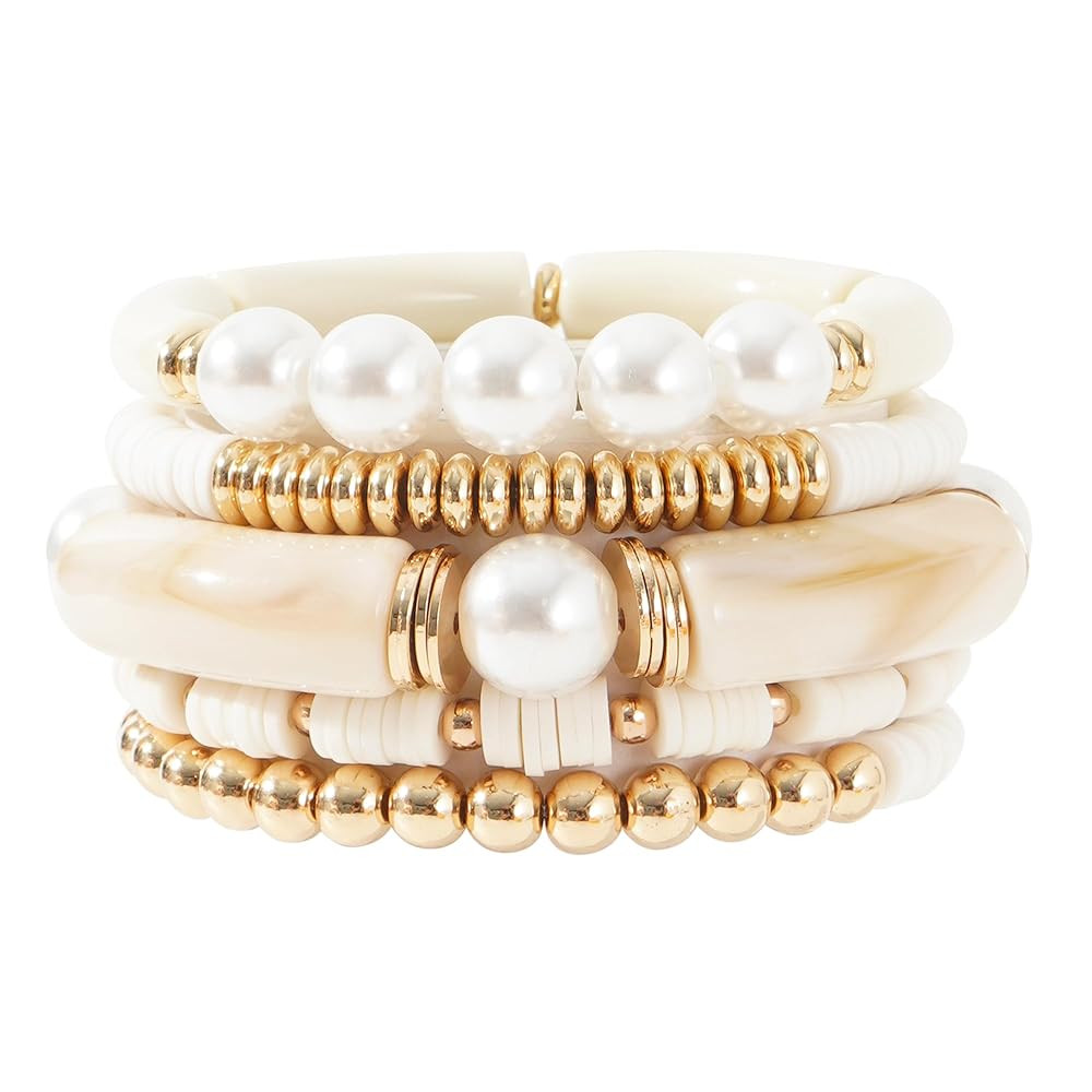 GOOJIDS Simple Beaded Gold Bangles Bracelet Chunky Bamboo Tube Curved Stacking Clear Acrylic Colo... | Amazon (US)