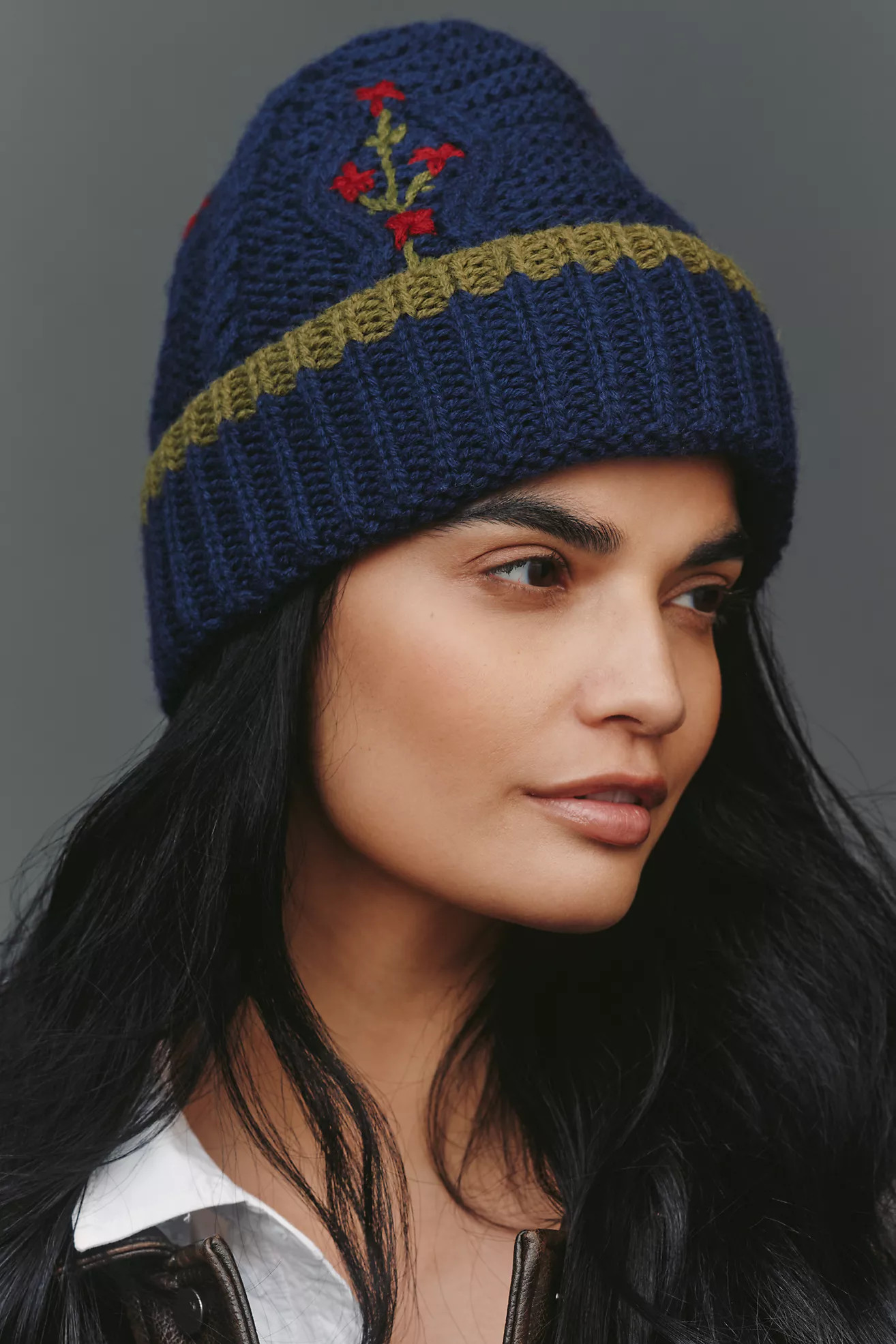 Damson Madder Floral Stitch Cable-Knit Wool Beanie | Anthropologie (US)