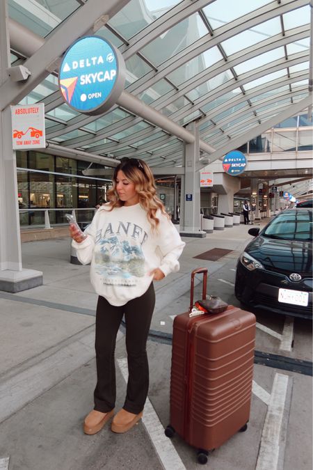 comfy travel outfit linked below! wearing size small in leggings from Walmart & sized up to a L in the sweatshirt 

#LTKstyletip #LTKfindsunder50 #LTKtravel
