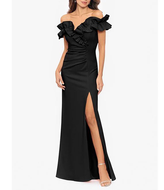 Stretch Ruffle Off-the-Shoulder Ruched Back Gown | Dillard's