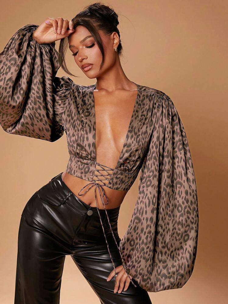 SHEIN Haute Animal Print Plunge Neck Balloon Sleeve Lace Up Top | SHEIN