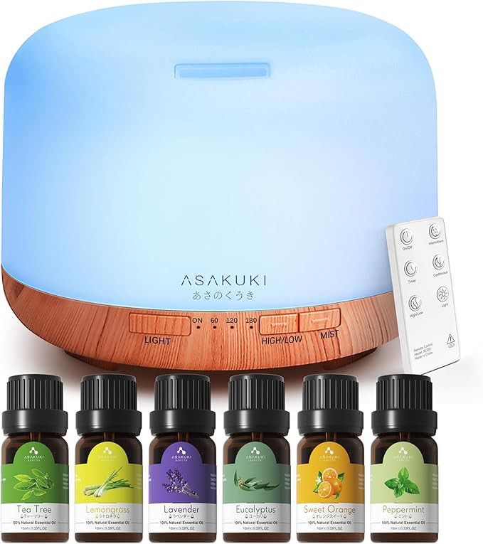 ASAKUKI Oil Diffuser with Essential Oils Set, 500ml Aromatherapy Humidifier with 14 LED Colors & ... | Amazon (US)