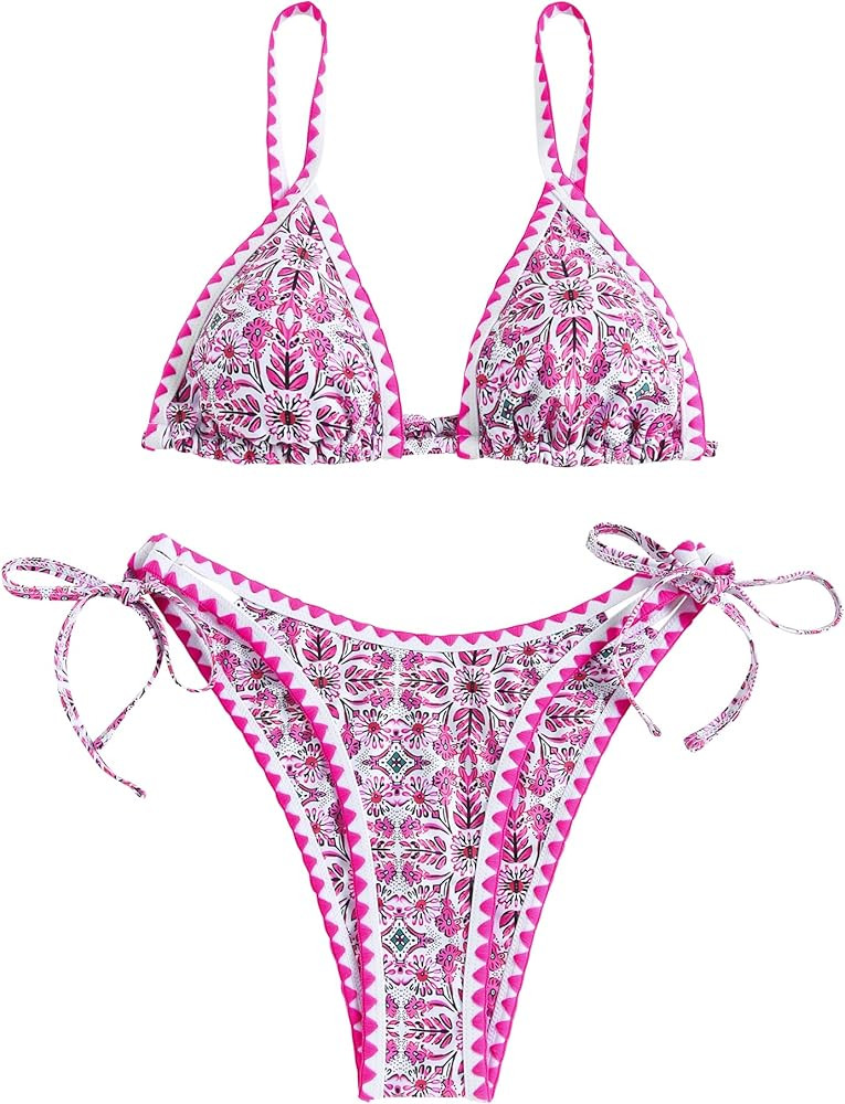 ZAFUL Women's Swimsuits Boho Floral Print String Thong Bikini Set Sexy High Cut Swimwear Bathing ... | Amazon (US)