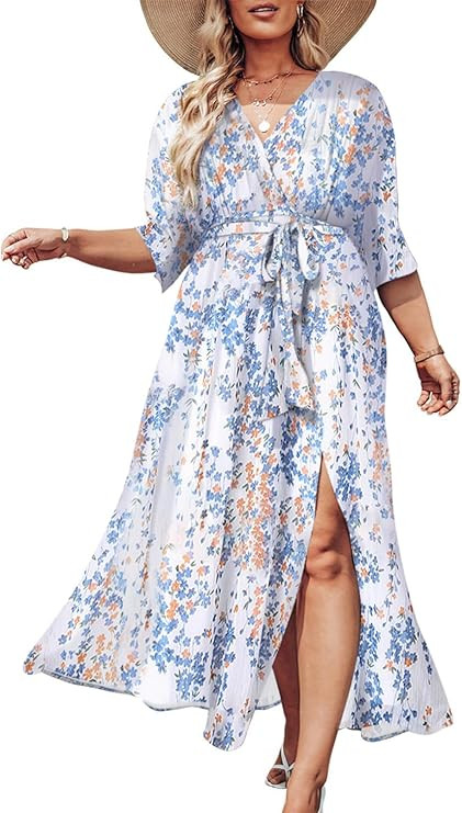 Eytino Womens Plus Size V Neck Boho Kimono Dress Summer 3/4 Sleeve Floral Printed Slit Maxi Dress... | Amazon (US)