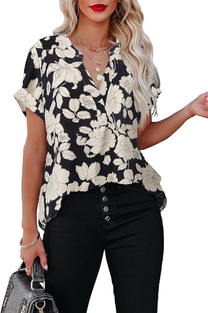 ANCAPELION Women’s Summer Chiffon Blouse Casual Short Sleeve V Neck Shirt Loose Printed Cuffed ... | Amazon (US)