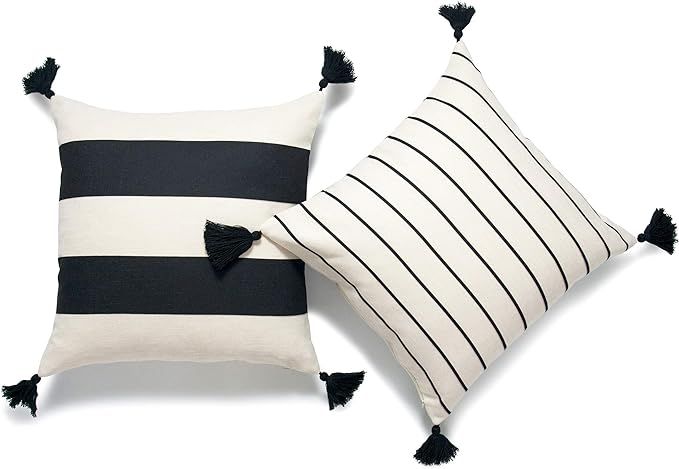 Hofdeco Moroccan Tassel Neutral Decorative Pillow Covers ONLY, Beige Black Stripes, 18"x18", Set ... | Amazon (US)